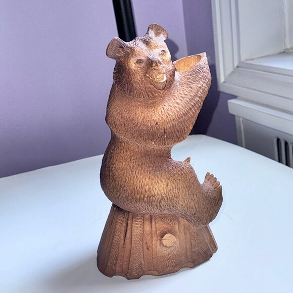 Vintage Wooden Bear Statue Hand Carved Standing Sculpture 11" tall Bottle Holder - Picture 6 of 7